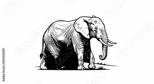 Detailed ink sketch of an African elephant walking in a sparse grassy field