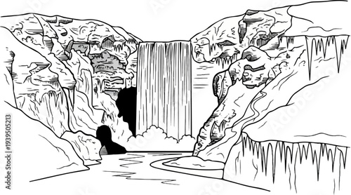 Dramatic waterfall cascades down icy cliffs into a winding river below