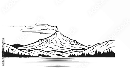 Active volcano erupting smoke, seen across a lake with trees and hills