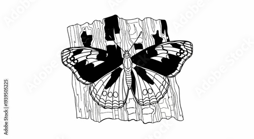 Detailed ink sketch of a butterfly with patterned wings resting on wood