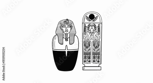 Ancient Egyptian sarcophagus and stele with hieroglyphs and figures
