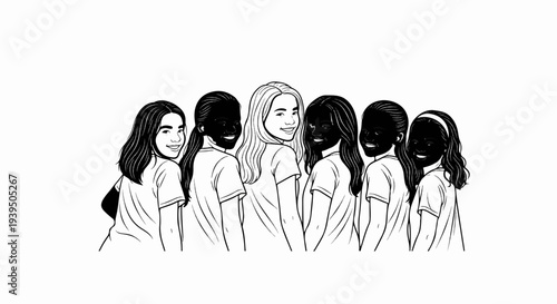 Diverse group of girls smiling, with varying skin tones