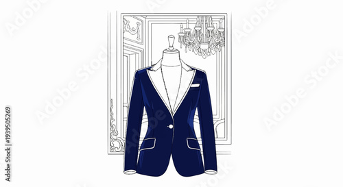Elegant navy blazer on mannequin against ornate backdrop