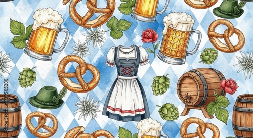 Oktoberfest Celebration - A Festive Bavarian Pattern with Beer and Pretzels.