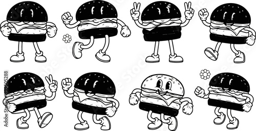 Anthropomorphic black burgers with arms and legs in playful poses