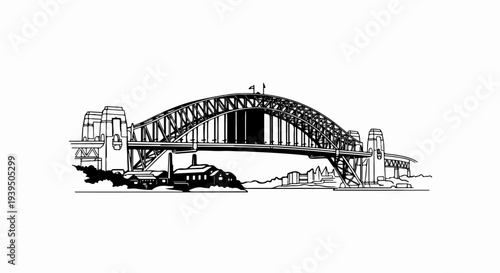 Arch bridge with truss structure crossing a body of water, industrial buildings below