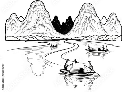 Ink wash painting of karst mountains and boats on a river