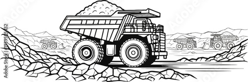 Large trucks haul dirt in a rocky, mountainous mine landscape