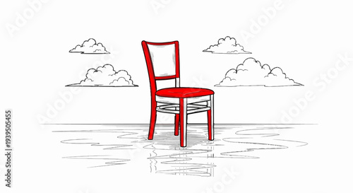 Red chair stands alone in a surreal landscape of clouds and water