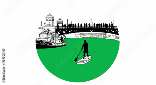 Cityscape with boat, bridge, people, and paddleboarder on green water