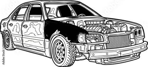 Line art of a car with its hood open, revealing the engine