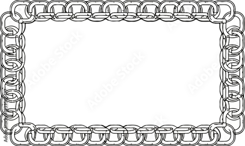Rectangular frame made of interlocking metal chain links on white background