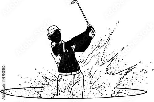 Golfer swings club through water splash on course