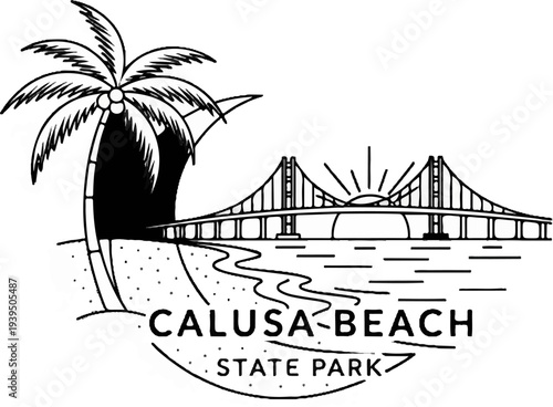 Coastal scene with suspension bridge, palm tree, and sunbeams over water