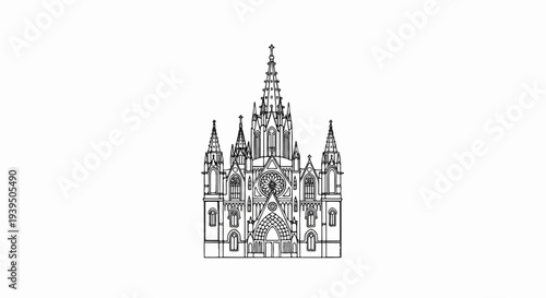 Gothic cathedral facade with spires, rose window, arches, and cross
