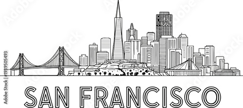 Line art of a city skyline with a suspension bridge and skyscrapers