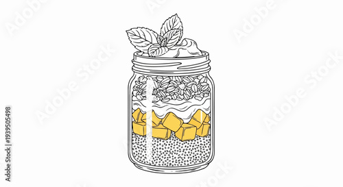 Layered dessert in a jar with fruit, oats, and mint leaves