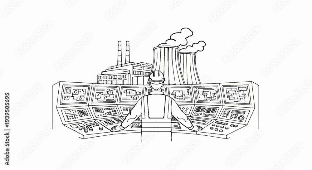 Obraz premium Operator at control panel overseeing industrial plant operations with cooling towers