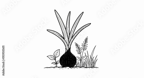 Black onion bulb with green leaves and small plants growing