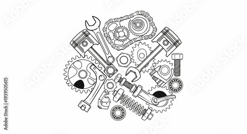 Intricate sketch of engine parts like pistons, gears, bolts and wrenches,