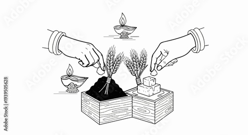 Hands placing offerings near wheat and diyas in wooden boxes