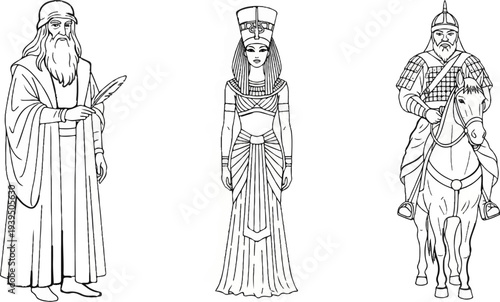 Line drawings of three historical figures scholar, queen, and warrior