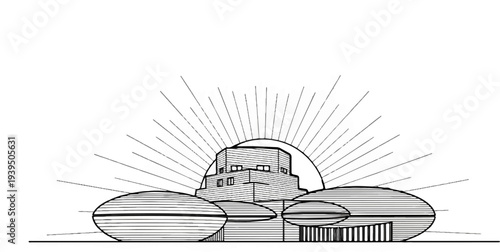 Modernist building facade with radiating lines symbolizing energy or sunbeams