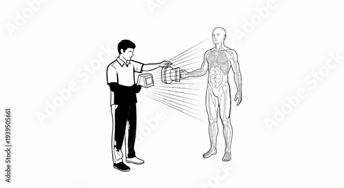 Illustration of a person using a scanner on a human skeleton