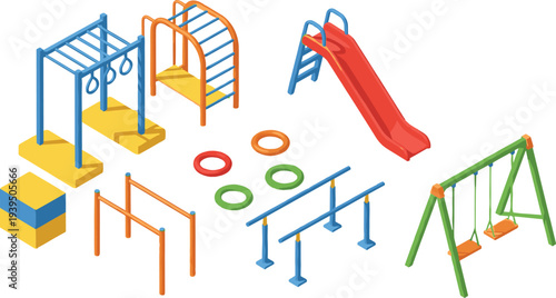 Colorful playground equipment vector illustration featuring swings, slide, monkey bars, climbing arch, hoops, and blocks for children’s activity design