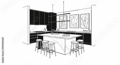 Modern kitchen island with bar stools, contemporary art, and marble countertops