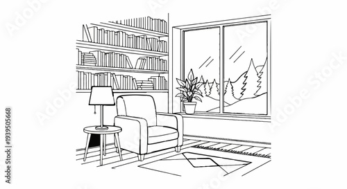 Cozy interior with armchair, bookshelves, a plant, and a window view