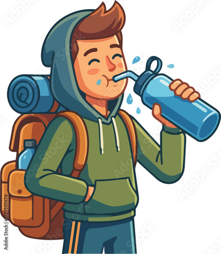Vector Character Illustration of a Healthy Person Drinking Fresh Water from a Bottle for Daily Hydration Wellness and Body Moisture Maintenance During Exercise or Fitness Activities