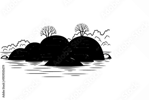 Black silhouette of rocky islands with sparse trees in calm water
