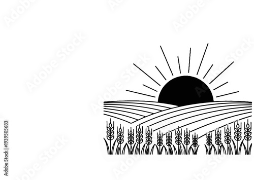 Black silhouette of a sunrise over rolling fields and wheat stalks