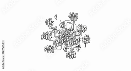 Network of diverse stick figures connected by lines, illustrating complex relationships