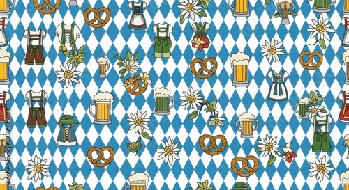 Oktoberfest pattern with beer, pretzels, and traditional clothing.