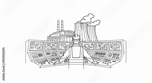 Operator at control panel overseeing industrial plant operations with cooling towers