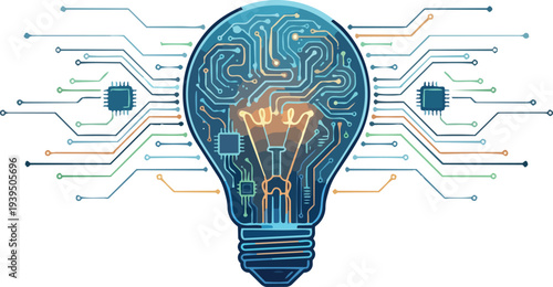 Vector Illustration of a Lightbulb with an Integrated Electronic Circuit Board Design and Glowing Connecting Nodes Symbolizing a Modern Concept for Innovation Technology and Creative Intelligence