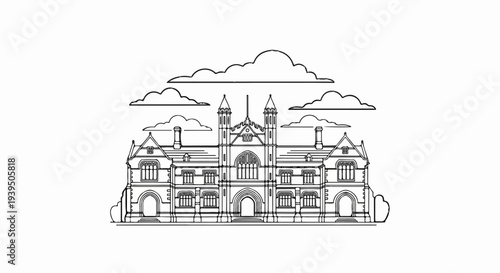 Ornate Gothic building with towers, arches, windows, chimneys, and clouds