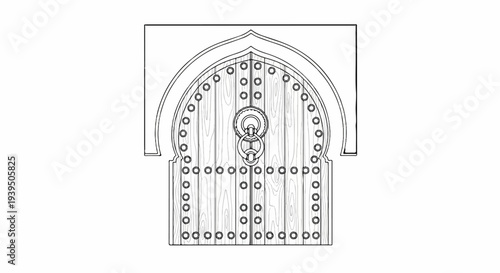 Ornate wooden door with arched frame, heavy metal knocker and studs
