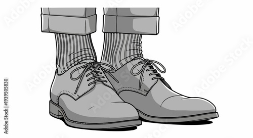 Close up of a person's legs and feet wearing dress shoes, socks, and trousers