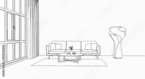 Modern living room sketch with sofa, coffee table, rug, window and lamp