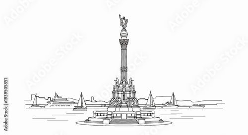 Monumental column in a harbor with sailing ships and a large yacht