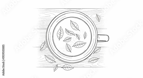 Overhead view of a cup of tea with leaves on a wooden surface