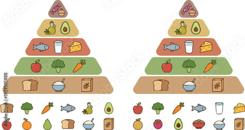 Comprehensive Vector Food Pyramid Icon Set Featuring Healthy Nutrition Categories Including Vegetables Fruits Grains Proteins and Dairy for Diet Planning and Educational Infographics