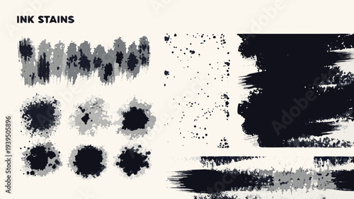 Watercolor ink stains and splatters on white background