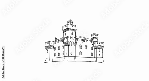 Detailed line drawing of a symmetrical, multi-towered fortress with crenellated ramparts