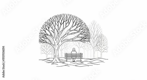 Person sits alone on bench under large tree in sparse winter park
