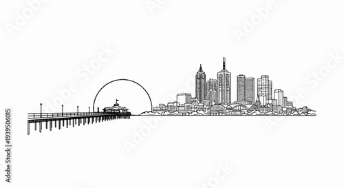 Pier leads to city skyline under a large semicircle representing the sun