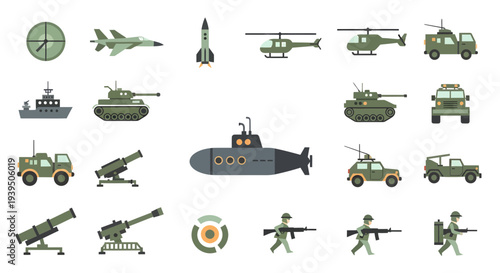 Military Forces and Warfare Equipment Icon Set, Flat Army Vehicle and Soldier Vector Illustration